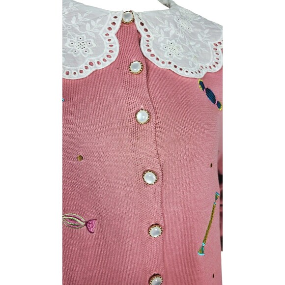 Royal Monk 50s Pink Lace Collar Candy Embroidered Opal Button Cardigan Sweater - Picture 13 of 14
